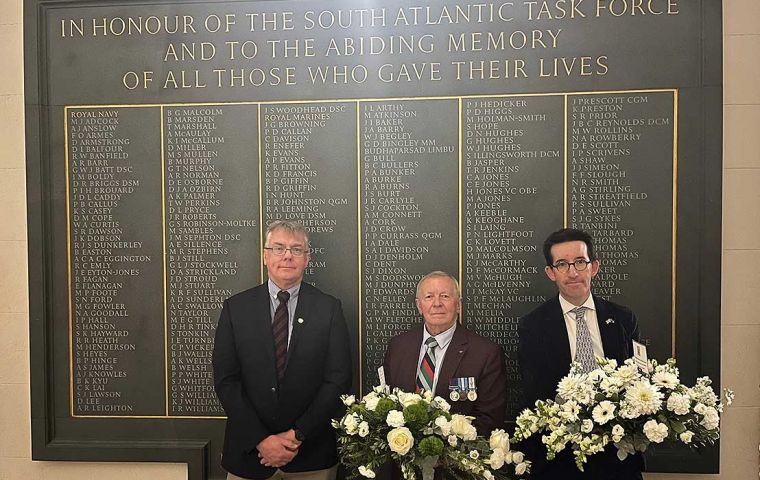 Former Commanding Officer of the FIDF, Major Justin McPhee MBE, Chairman of the South Atlantic Medal Association (SAMA82), Tom Herring and the FIG Representative to the UK & Europe, Richard Hyslop.