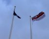 The Armed Forces Day flag flying at Victory Green in windy Stanley on 29th June.