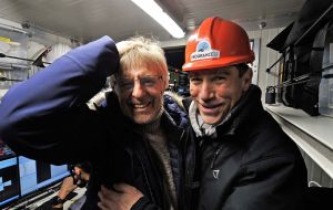 Mensun Bound and John Shears in the AUV control room congratulate each other when the Endurance discovery. Pic. Frédéric Bassenmayousse