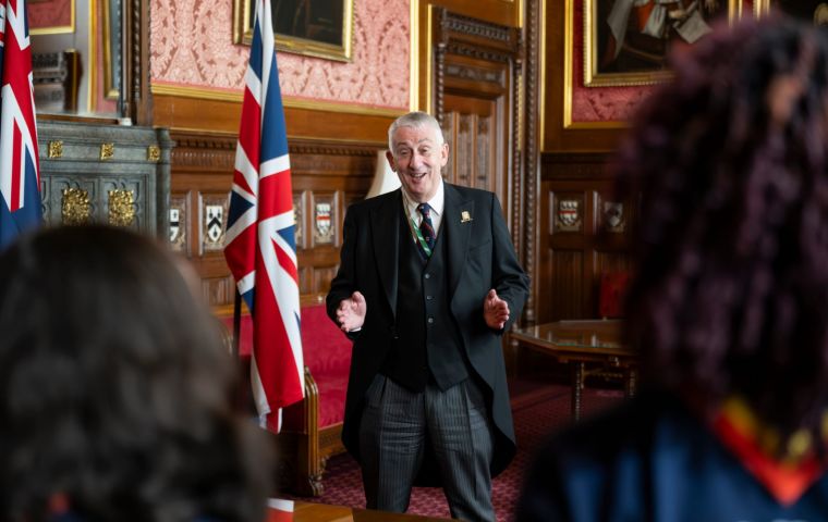 Lindsay Hoyle MP, speaker of the House of Commons and a good friend of the Falklands, which he has visited, addresses the Girl Guides