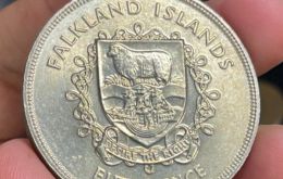 A Falklands coin with the crest of the Overseas Territory, in circulation since 1833