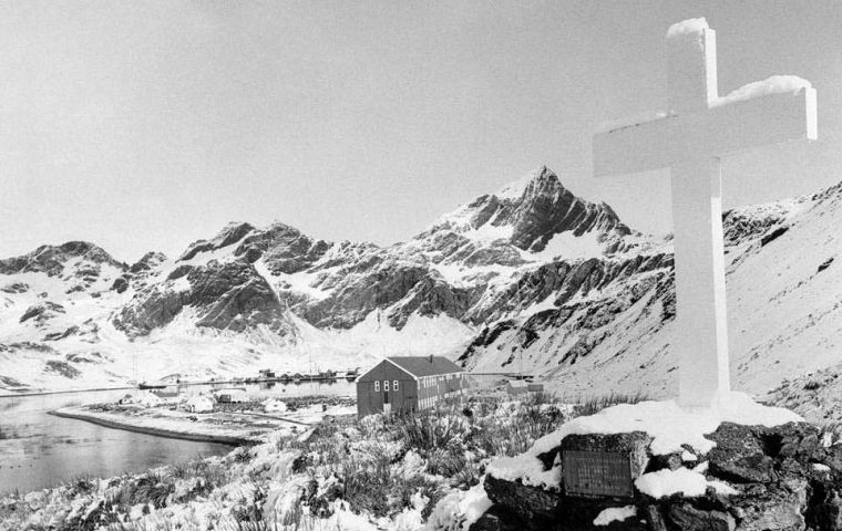 The Memorial Cross to Sir Ernest Shackleton at Hope Point, South Georgia, overlooking the British Antarctic Survey’s Grytviken station (PA)