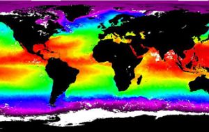 Colorized global Sea Surfase Temperature map taken from  NOAA