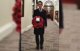 The Falkland Islands Government Representative, Richard Hyslop, with the wreath laid on behalf of the people and Government of the Falkland Islands. 