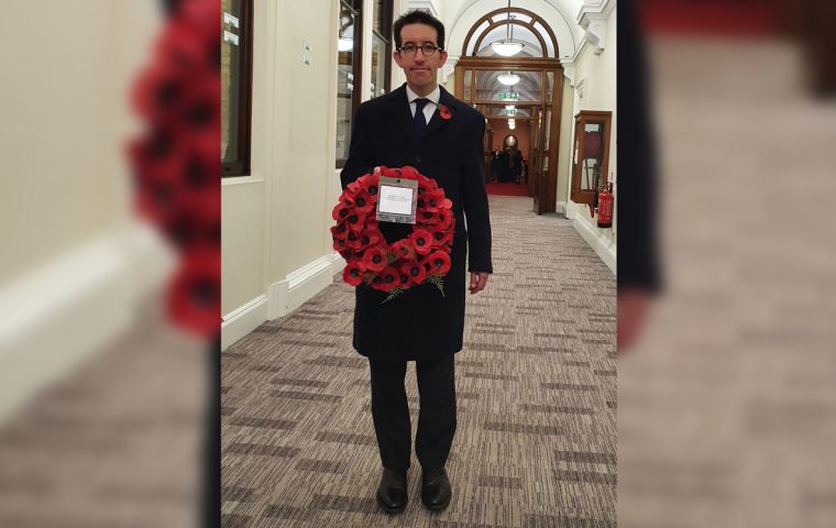 The Falkland Islands Government Representative, Richard Hyslop, with the wreath laid on behalf of the people and Government of the Falkland Islands. 