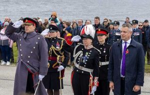 Armed Forces minister Luke Pollard MP, extreme right, next to Falklands’ Governor Alison Blake VMG in her plumed uniform 