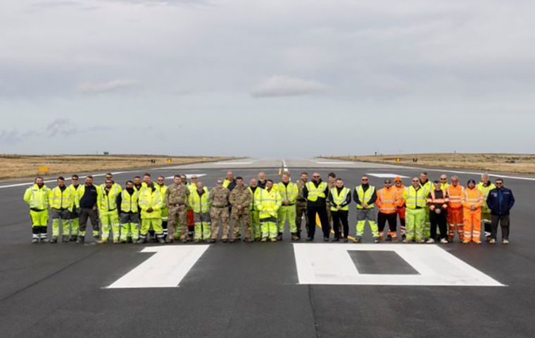 Resurfacing works on the runway at Mount Pleasant Complex complete ahead of schedule. MOD Crown Copyright.