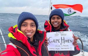 Celebrating after crossing Cape Horn in their longest let, New Zealand to Falkland Islands 