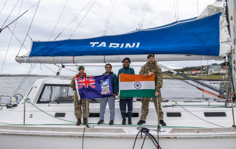 The two Indian Navy “Cape Horners,“ with BFSAI representatives showing Falklands and India Flags.