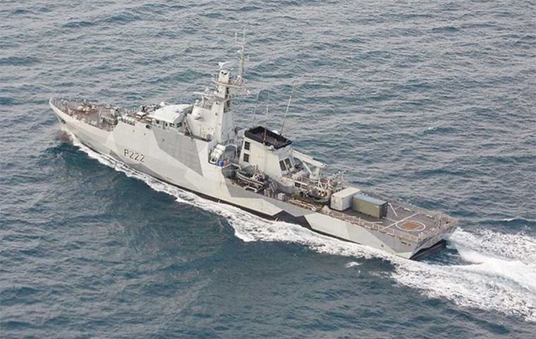 HMS FORTH at sea, Falkland Islands. Photography by crew onboard Royal Air Force A400M, British Forces South Atlantic Islands.