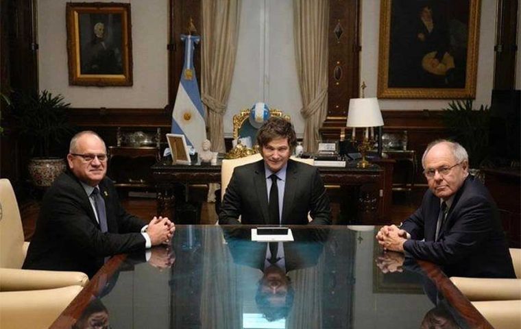 Milei was visited at Casa Rosada by Israel's Ambassador Eyal Sela (L) and World Holocaust Remembrance Center and International Holocaust Remembrance Alliance President Dani Dayan (R)