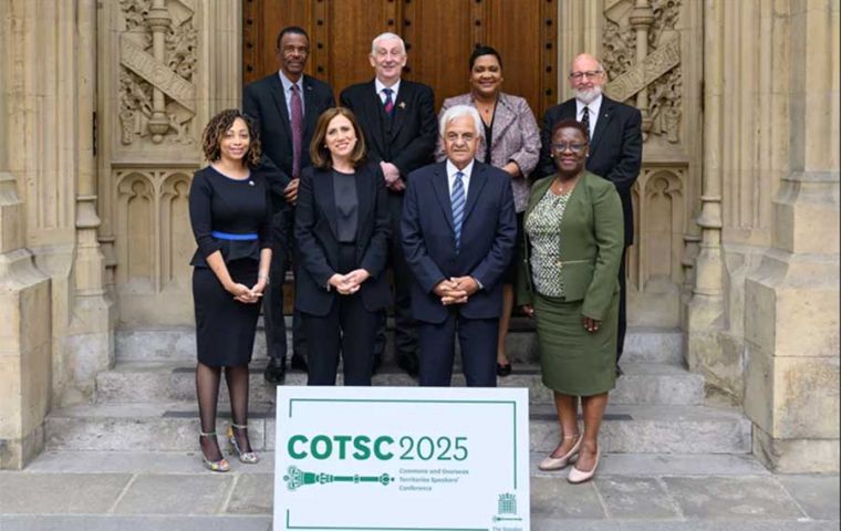 BOT Speakers with Sir Lindsay Hoyle in center second row, and Keith Biles JP from Falklands Legislative Assembly to the right, second row