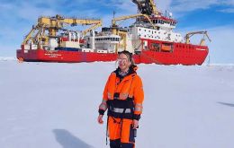 Dr Emily Rowlands out on sea ice near the RRS Sir David Attenborough for sampling work. (Pic BAS)
