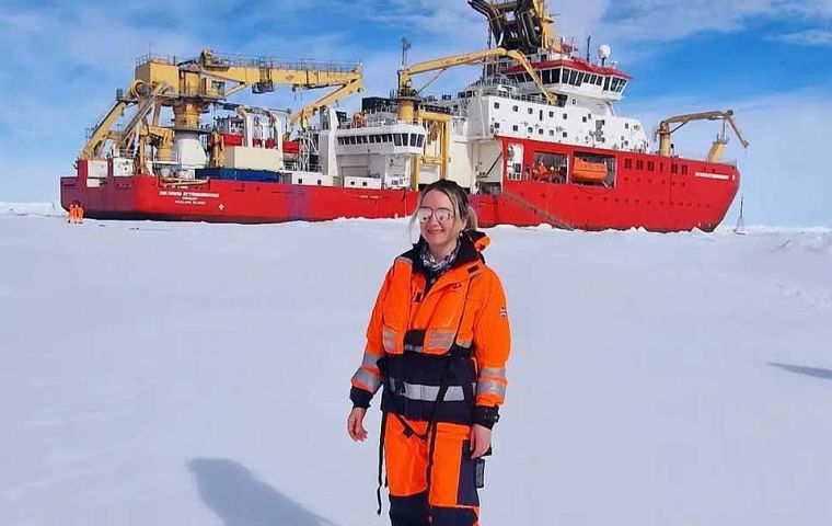 Dr Emily Rowlands out on sea ice near the RRS Sir David Attenborough for sampling work. (Pic BAS)