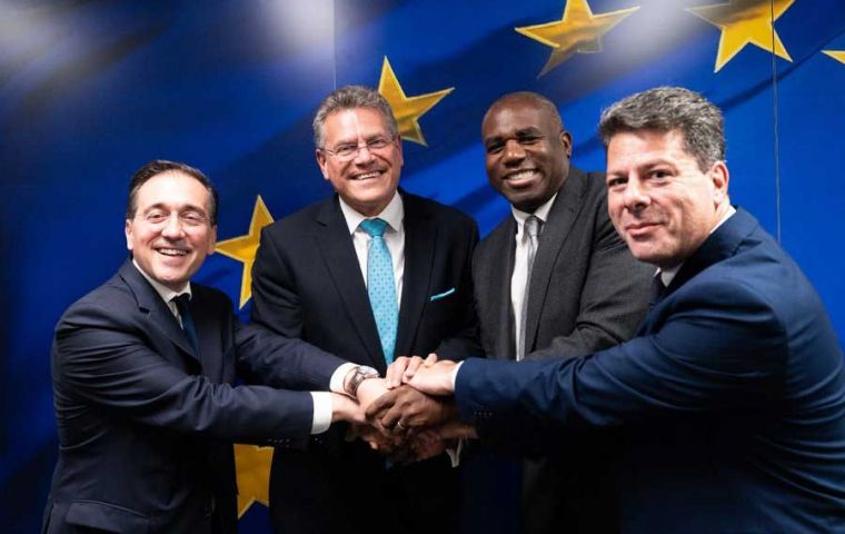 Spanish Foreign minister Albares, EU Commissioner Maros Sefcovik, UK Foreign Secretary David Lammy and Gibraltar Chief Minister Fabian Picardo in Brussels after the Agreement was reached 