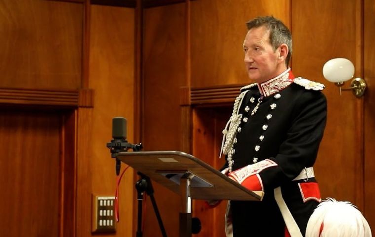 Governor Colin Martin Reynolds reads a polite but committed speech following on his swearing ceremony. Photo: FITV