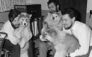 Dennis Bell (left) with his fellow colleagues and the dogs that helped them to work in Antarctica. Midwinter 1959 at Admiralty Bay Base. Credit: unknown.