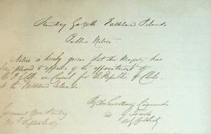 The document handwritten by Queen Victoria allowing the appointment of Mr. Cobb as First Chilean consul in the Falklands