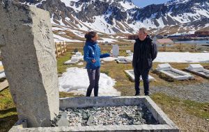 At the Sir Ernest Shackleton grave in Grytviken cemetery