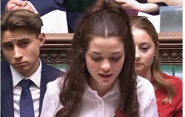 Young Alexia Davies addressing the UK Youth Parliament from the despatch box  