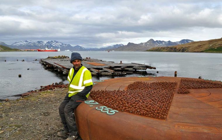 Rivets on the Whale Memorial show the number of whales of each species processed on the island© Michael Visocchi