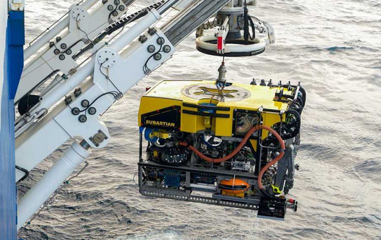 ROV SuBastian is being recovered in the Mar del Plata Underwater Canyon region from R/V Falkor (too). . CREDIT: Misha Vallejo Prut / Schmidt Ocean Institute