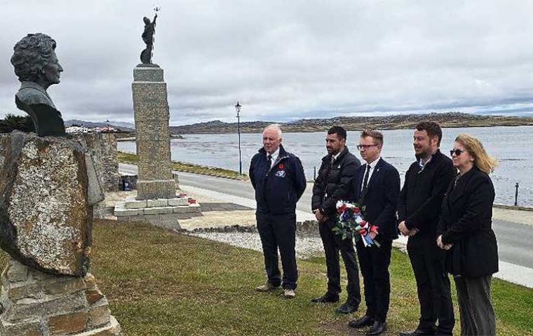 MLAs Lewis Clifton, Dean Dent, Jack Ford, Stacy Bragger and Cheryl Roberts at the Margaret Thatcher Bust in Stanley on the morning of the 10th of January 2026.