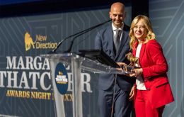 The Italian PM addressing the New Direction Foundation when she was awarded the Margaret Thatcher Award