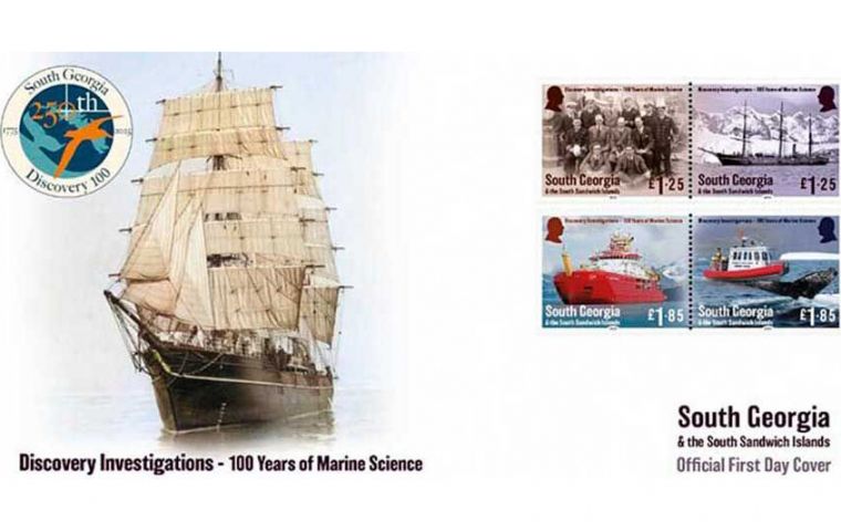 The set of stamps commemorates the Discovery Investigation and 100 years of marine science  
