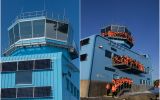 Operations tower and team outside the new Discovery Building at Rothera Research Station, featuring solar panels on the fa&ccedil;ade. Credit: Pete Bucktrout and David Ganiford, BAS.