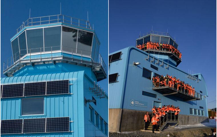 Operations tower and team outside the new Discovery Building at Rothera Research Station, featuring solar panels on the fa&ccedil;ade. Credit: Pete Bucktrout and David Ganiford, BAS.