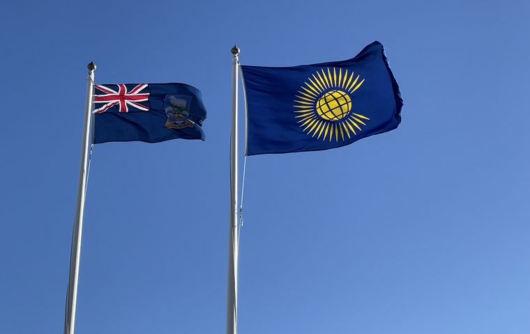 The Commonwealth flag flies alongside the Falkland Islands flag on Victory Green, reflecting our pride in being part of the Commonwealth family of nations.
