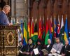 King Charles III, head of the Commonwealth addresses leaders during the ceremony at Westminster Abbey