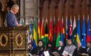 King Charles III, head of the Commonwealth addresses leaders during the ceremony at Westminster Abbey