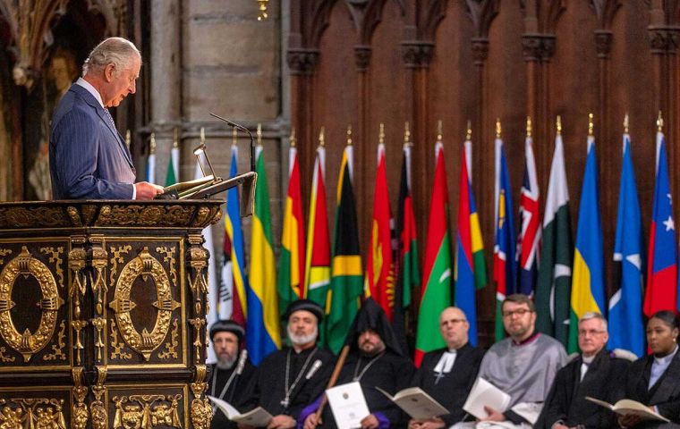 King Charles III, head of the Commonwealth addresses leaders during the ceremony at Westminster Abbey