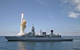 The German frigate FGS Sachsen (F-219) of the Sachsen class (Type 124) during a missile-firing exercise