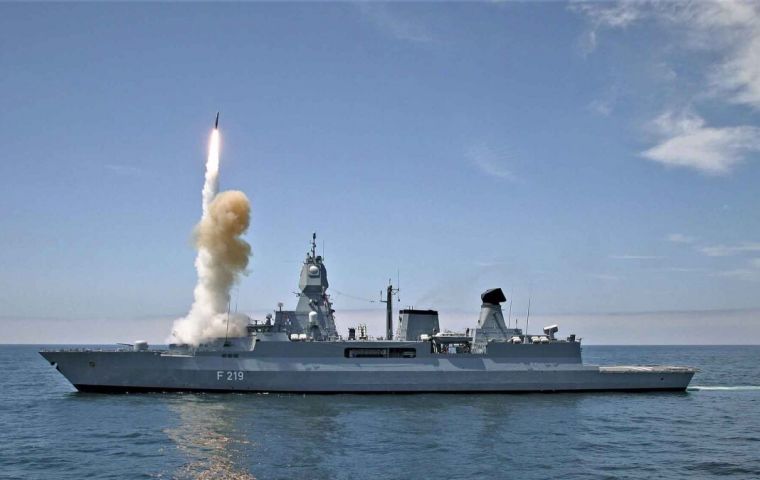 The German frigate FGS Sachsen (F-219) of the Sachsen class (Type 124) during a missile-firing exercise