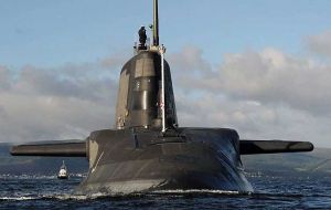 HMS Anson is positioned in deep waters of the northern Arabian Sea. The vessel is armed with Tomahawk Block IV land-attack cruise missiles 