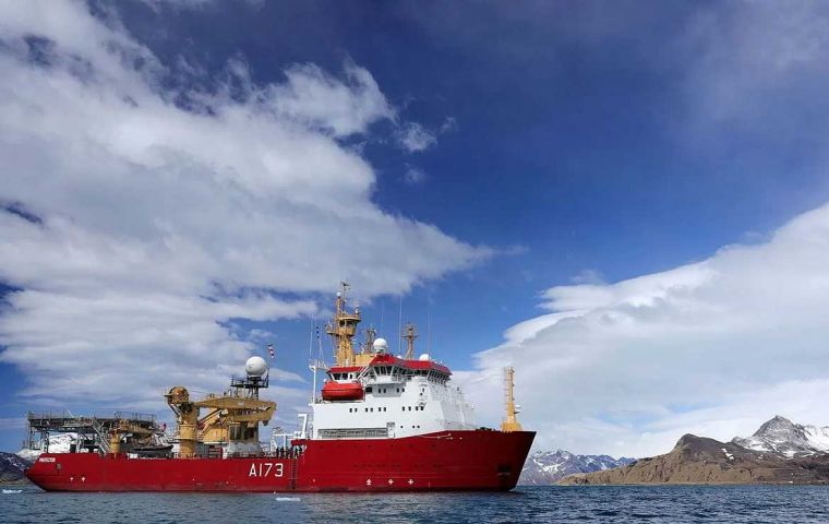 HMS Protector a regular scientific explorer in Antarctica waters during the austral months. She is also a regular visitor and strongly linked to the Falklands Islands.