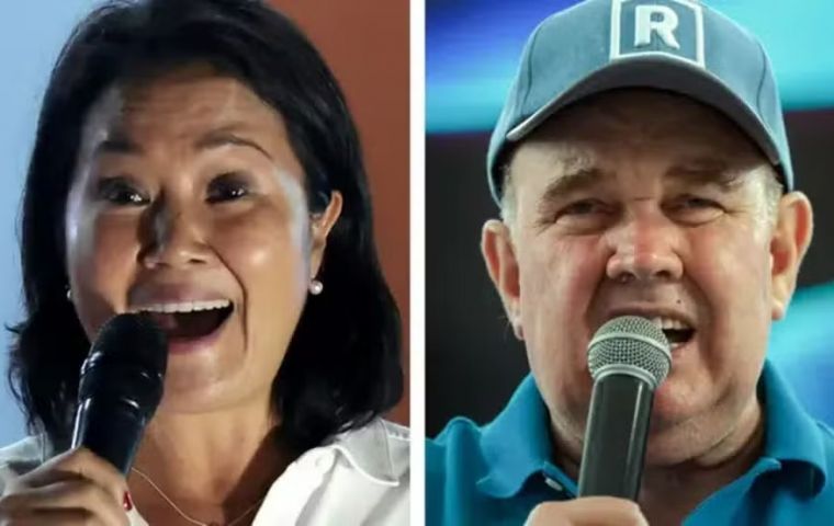 The official ONPE count, with 47% of ballots processed at the time of publication, showed Fujimori in first place with 17.05%, followed by L&oacute;pez Aliaga at 15.36%