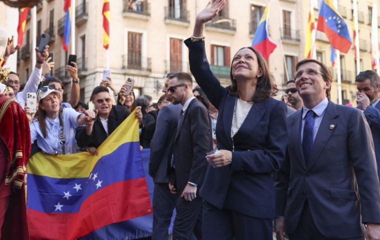 Machado appeared on the balcony of the Royal Post Office building alongside Ayuso, who introduced her as Venezuela's future president