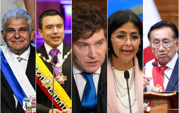 Milei shares the bottom bloc with Bernardo Ar&eacute;valo (Guatemala), Daniel Noboa (Ecuador), Jos&eacute; Mar&iacute;a Balc&aacute;zar (Peru), Delcy Rodr&iacute;guez (Venezuela), and Jos&eacute; Ra&uacute;l Mulino (Dominican Republic)