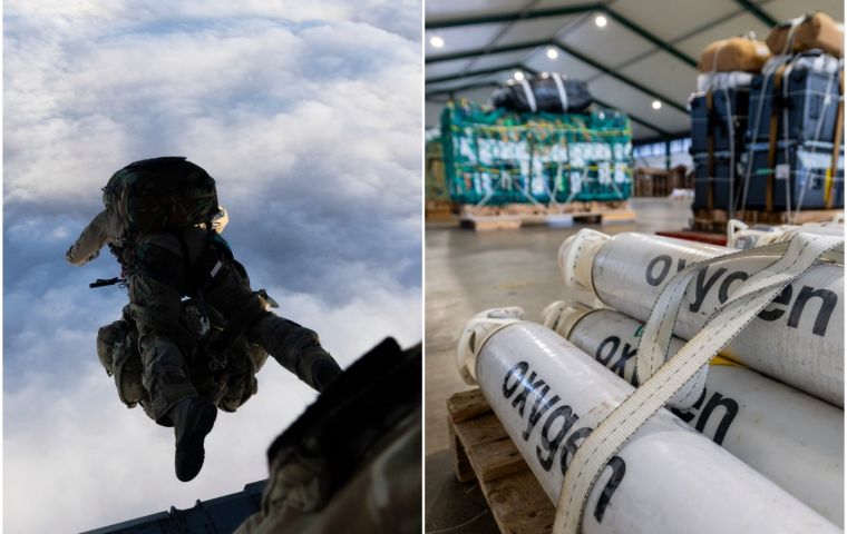 3.3 tonnes of medical equipment were airdropped in three batches, including bottled oxygen, the island's supplies of which had fallen to critical levels