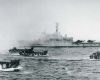 British forces unloading supplies from landing craft at San Carlos