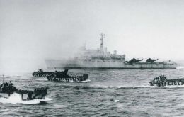 British forces unloading supplies from landing craft at San Carlos