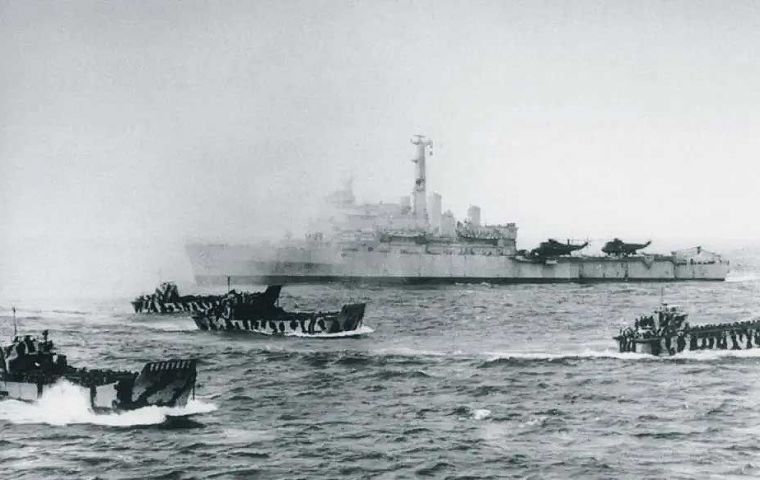 British forces unloading supplies from landing craft at San Carlos