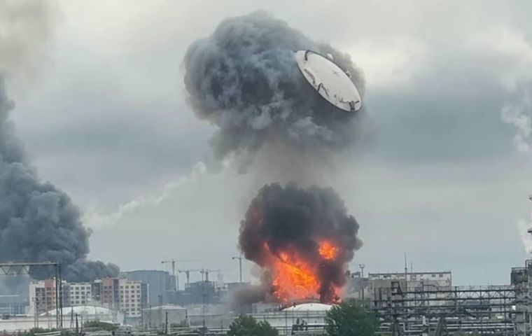 Ukraine's General Staff confirmed the attack and reported at least five fires at the plant, where processing units and a storage tank farm were burning