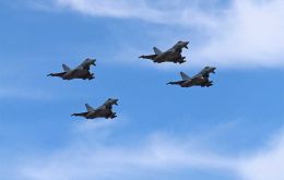 A formation of Typhoon Tranche 1 fighter jets flying over the Falklands  (MoD Pic)