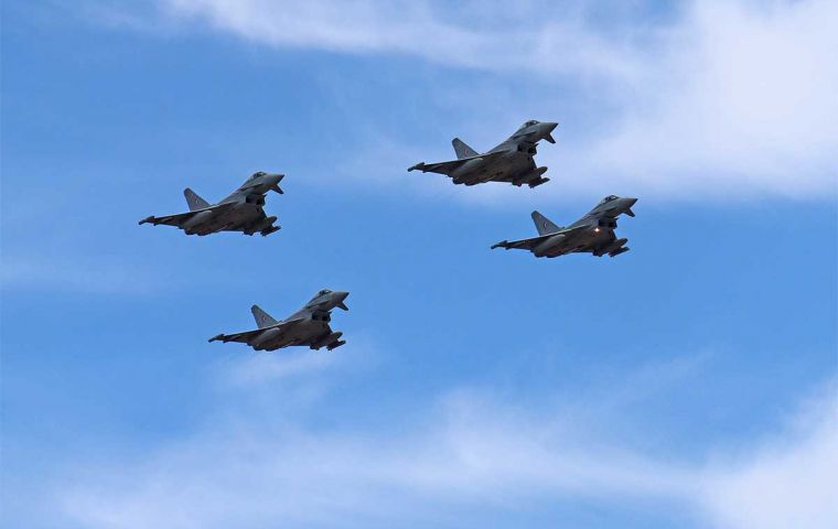 A formation of Typhoon Tranche 1 fighter jets flying over the Falklands  (MoD Pic)