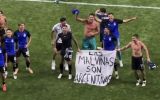Members of the Argentine team held up a banner exclaiming &lsquo;Las Malvinas son Argentinas&rsquo; (&lsquo;The Falklands are Argentine&rsquo;). 